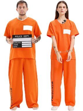 Unisex Prisoner Convict Halloween Costume Orange Jumpsuit w/ Accessories LARGE